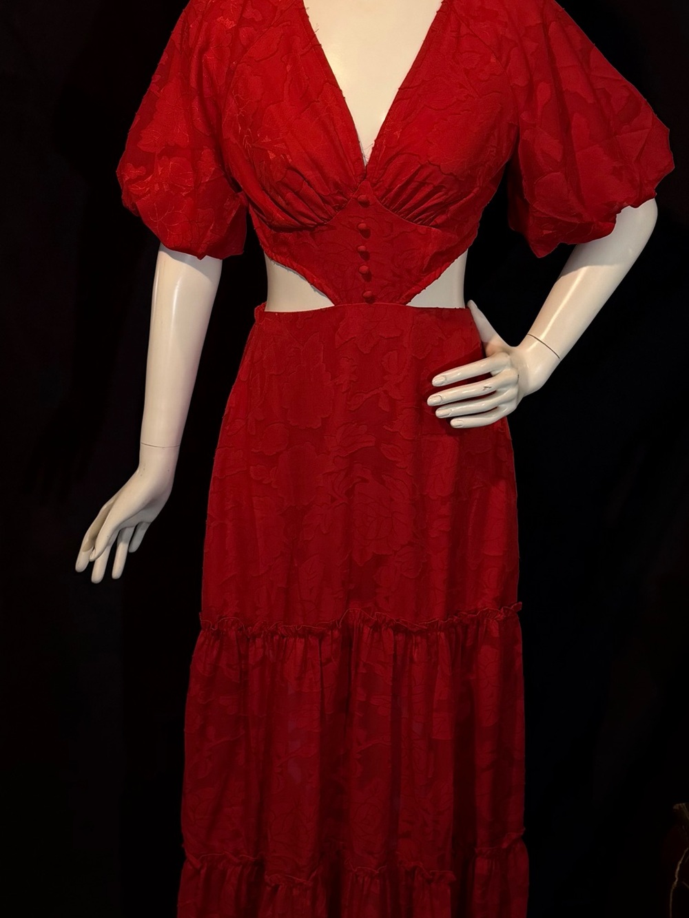 Red Cutout Maxi Dress with Puff Sleeves